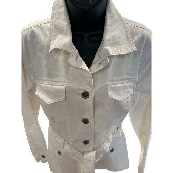 French Cuff White Belted Stretch Denim Buttoned Jacket Sz L - Picture 5 of 10
